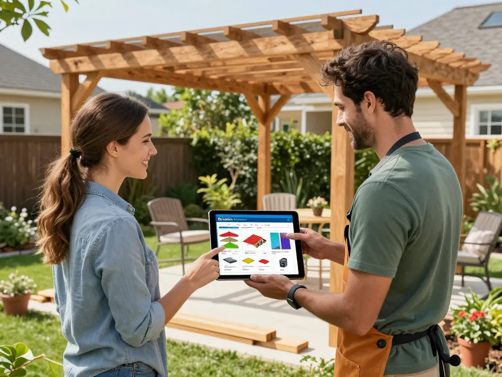 Homeowner interacts with Pergola Configurator Software while discussing design options with a landscaper.