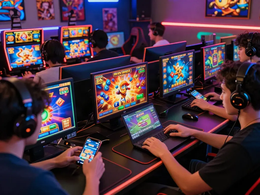 Players exploring slot online gacor games on various devices in a vibrant gaming room.