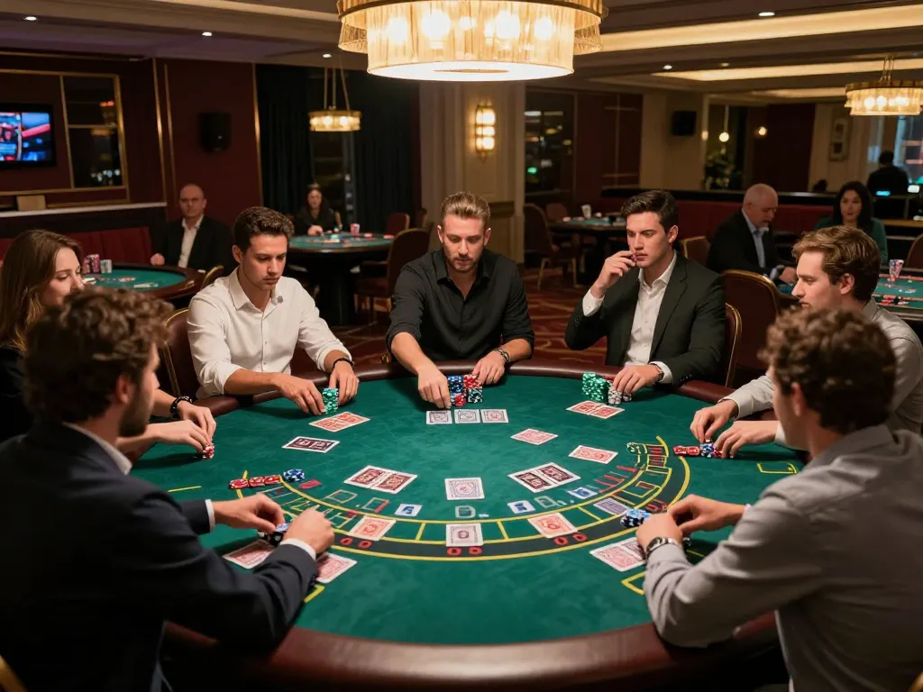 Players deep in action at BK888's Mini Baccarat table, showcasing excitement and strategy in a luxurious casino.