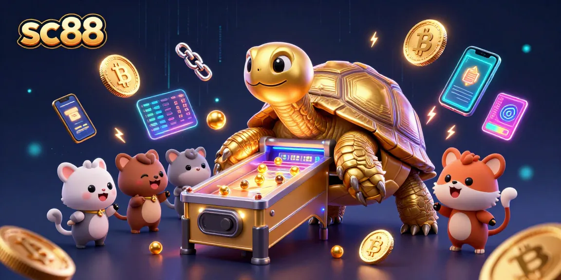 Experience the thrill at sc88 with cartoon characters featuring crypto elements in a vibrant casino scene.