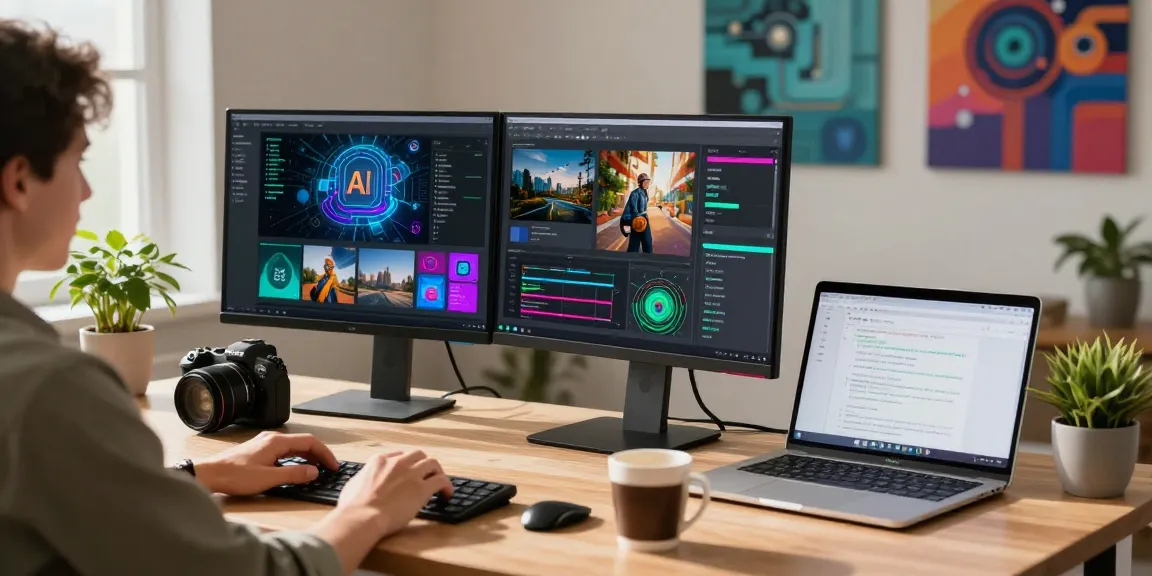 Free AI image detector in action with user analyzing images on dual monitors in a modern workspace.