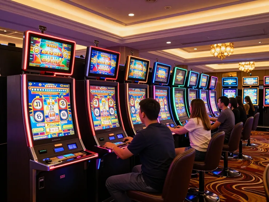 Players engaging with colorful link slot machines in a luxurious casino setting.