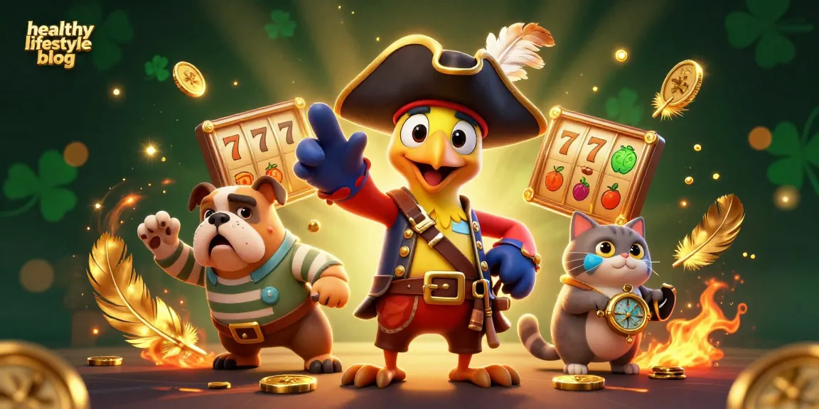 A vibrant illustration for a healthy lifestyle blog showcasing a pirate captain, bulldog, and cat among playful casino elements and golden coins.