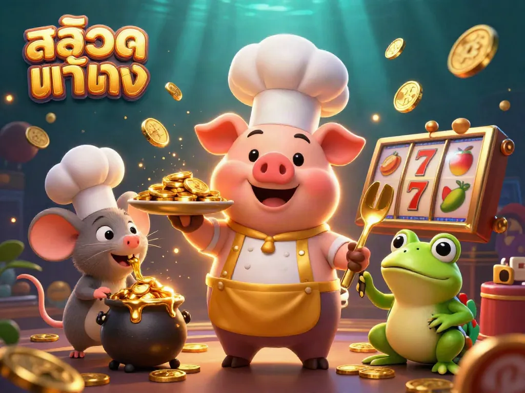 Experience the excitement of สล็อตแท้ตรง with engaging characters in a vibrant casino scene filled with slot symbols and gold coins.