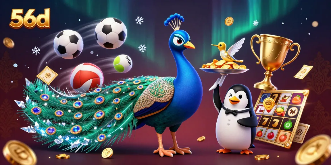 Bet on 56d with games like slot reels and vibrant sports elements in a lively casino illustration.