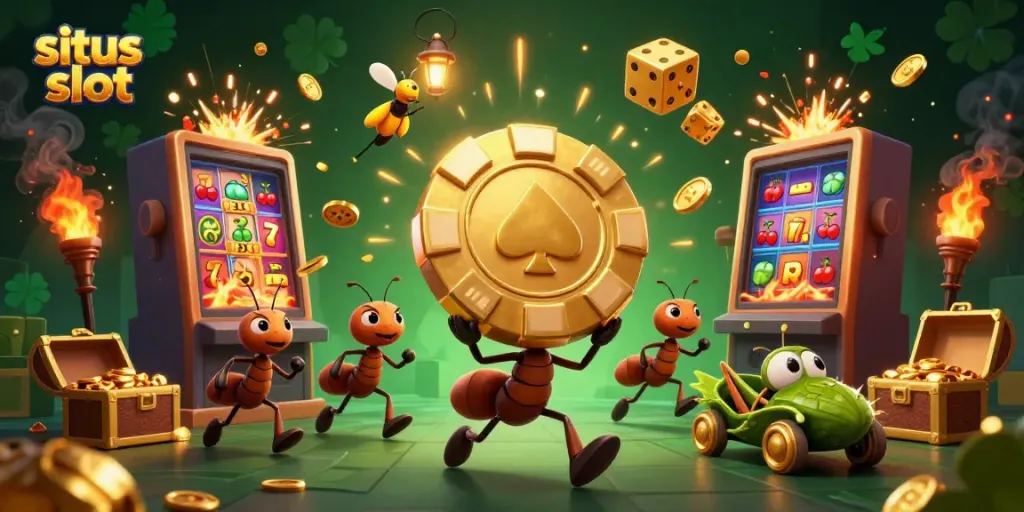 Menggenggam chip poker emas besar, tim semut menjelajahi situs slot bergemerlap penuh hadiah.