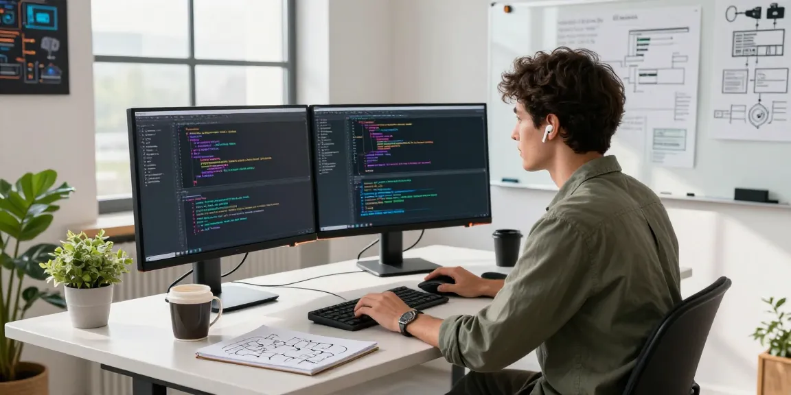Software developer coding in a modern tech workspace, showcasing Cika4D project notes and vibrant code on screens.