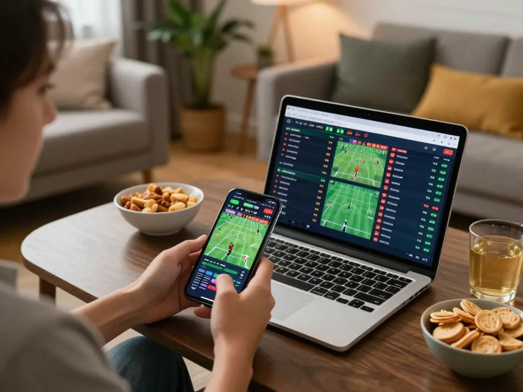 Betting enthusiast analyzing odds at the best widget store using mobile app while relaxing at home