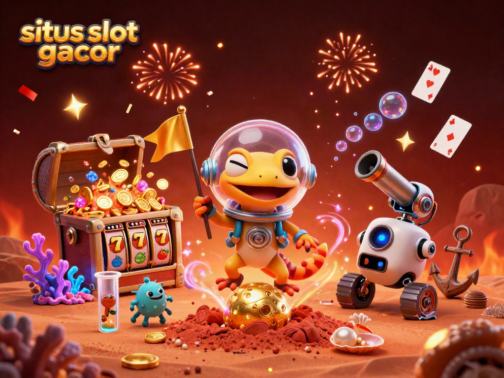 A 3D Martian gecko explores a golden casino on Mars in situs slot gacor-themed illustration, vibrant and energetic.
