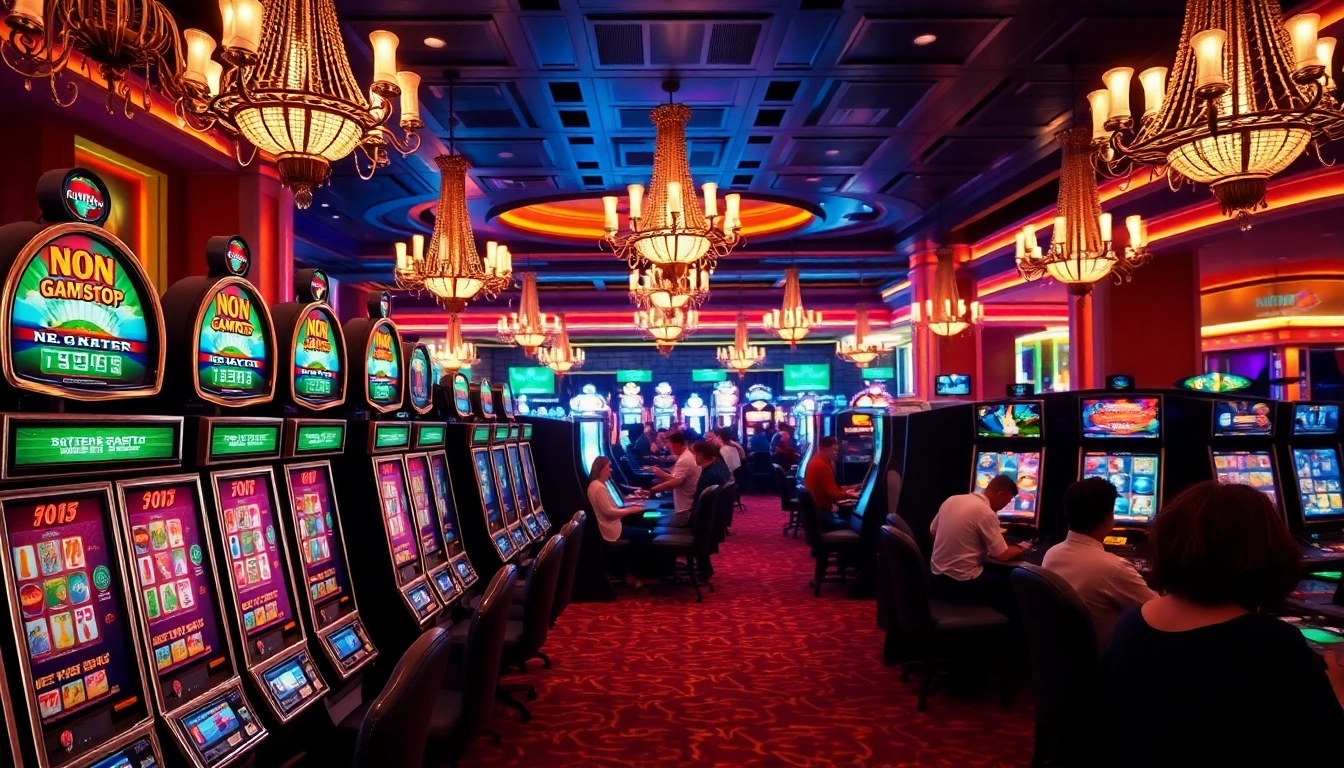 Engaging scene of Non gamstop Casino Uk with vibrant slot machines and enthusiastic players.