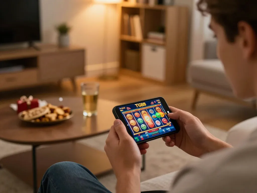 Player enjoying mobile gaming on TG88 app in a cozy living room setting.