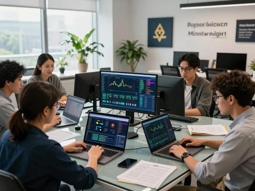 Team collaborating in modern workspace on crypto cloud mining platform project, showcasing high-tech devices and analytics.