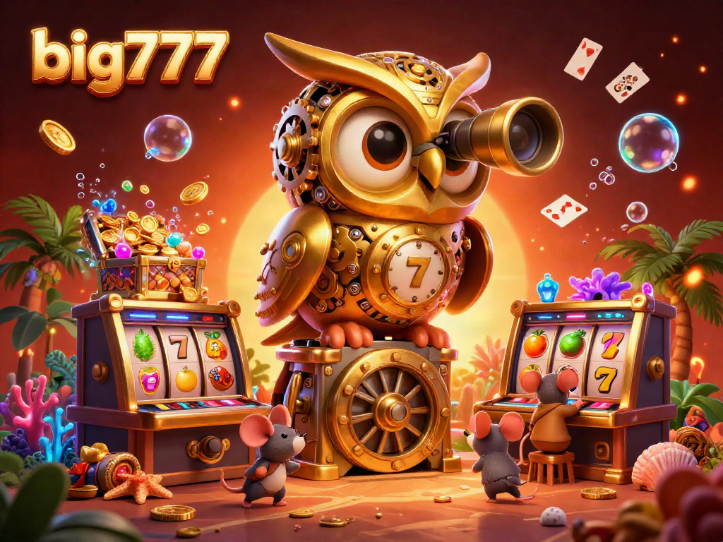 Experience the thrill of big777 with a vibrant 3D casino scene showcasing an owl and wind-up mice amidst dynamic slot elements.