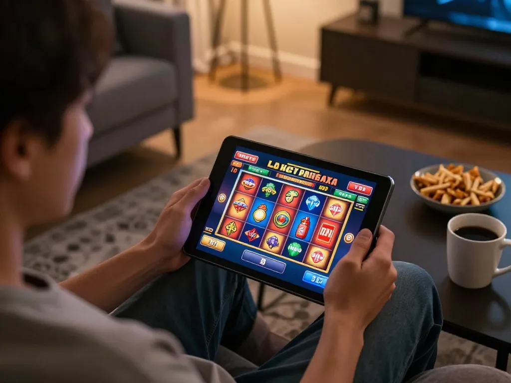 Engaging gaming scene from 789win hiện đang mở, highlighting players enjoying online slot games in a cozy home atmosphere.
