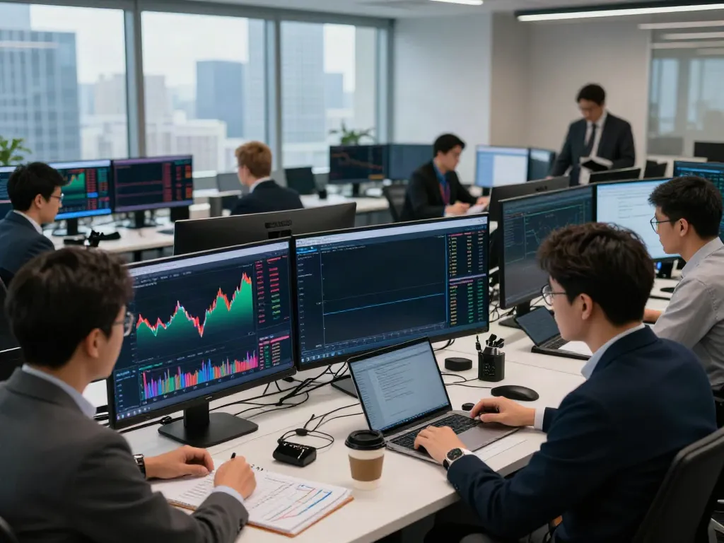 Dynamic trading scene demonstrating collaborative analysis with tradingview官网 tools in a modern financial office.