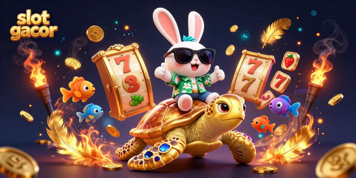Gambarkan slot gacor dengan kelinci beruntung 3D dan kura-kura emas di latar belakang permainannya.