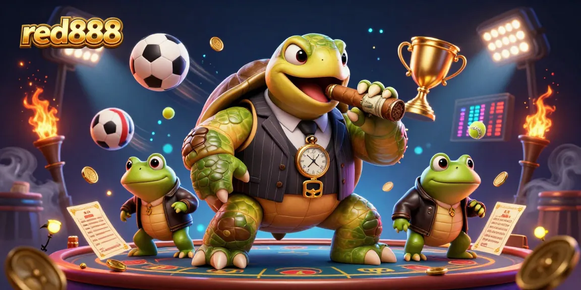 Experience red888 with a captivating scene showcasing a turtle mobster and frog enforcers in an energetic casino environment.