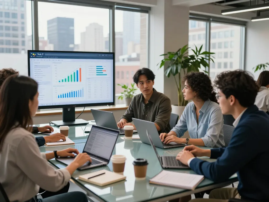 New York SEO Services team collaborating in a modern office, analyzing marketing strategies and performance metrics.