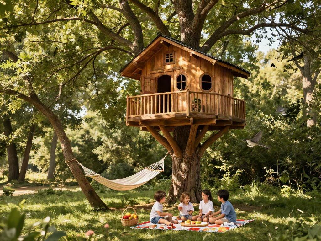 Treehouses nestled among trees with family enjoying a picnic in nature.