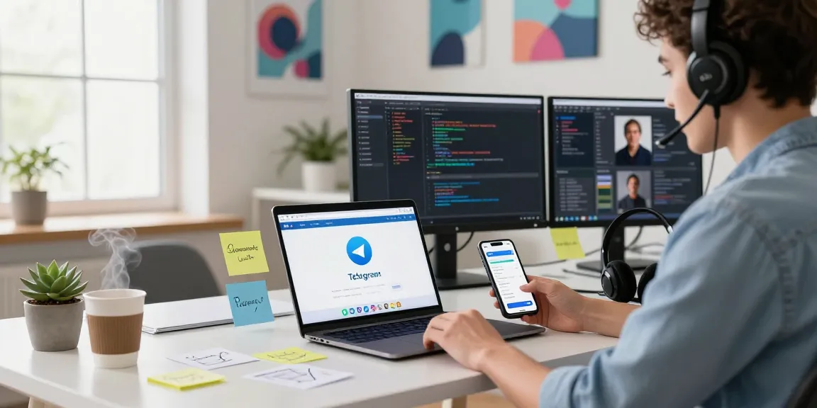 Professional workspace showing telegram官网 interface on laptop, smartphone notifications, and modern office setup.