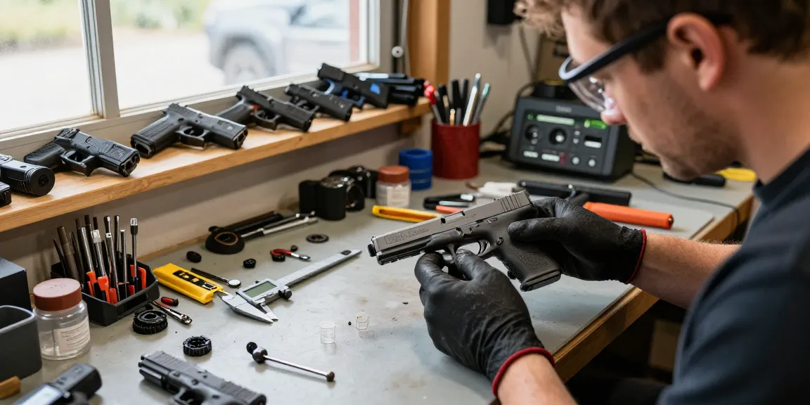 Customize Glock slides at https://precisionglockslides.com with skilled gunsmith in workshop