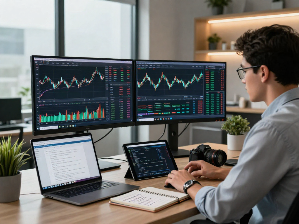 Developer utilizing Asian stock index API on dual monitors in a modern trading platform environment