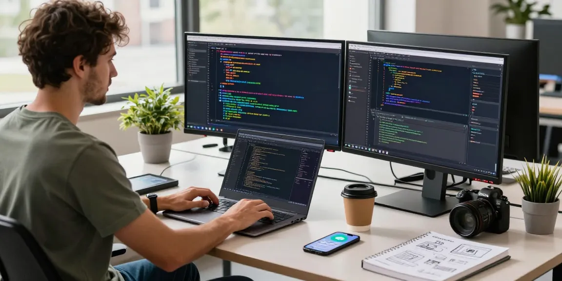 Developer working in a modern tech office showing telegram官网 notifications on devices with a productive atmosphere.