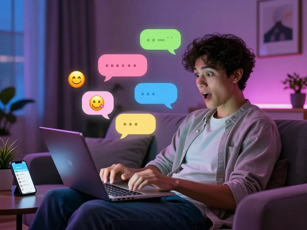 Playful user engaging in NSFW AI chat on a modern laptop, interactive atmosphere and vibrant emojis.