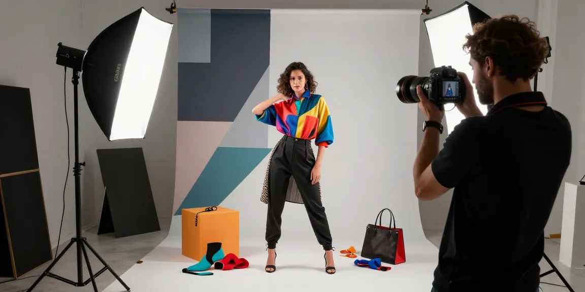 Fotografo professionista Milano che dirige una sessione fotografica di moda in studio con un modello, accessori di moda e illuminazione creativa.