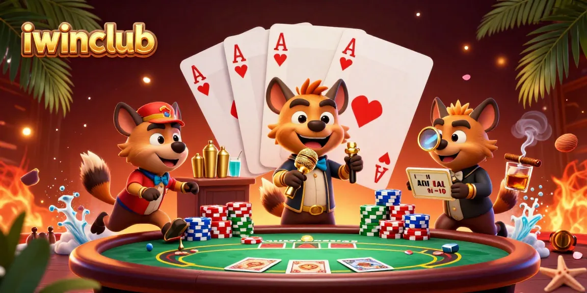 Experience the vibrant iwinclub atmosphere with playful hyenas showcasing poker games in a lively casino.