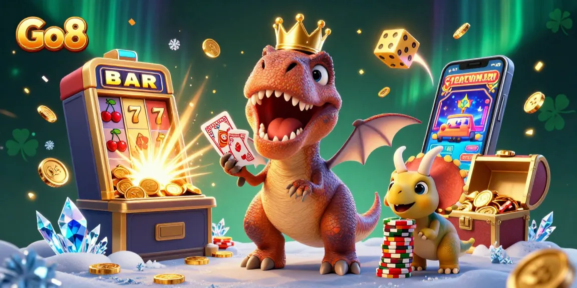 Experience thrilling gameplay at Go8 with a fun T-Rex and friends in a colorful casino world.
