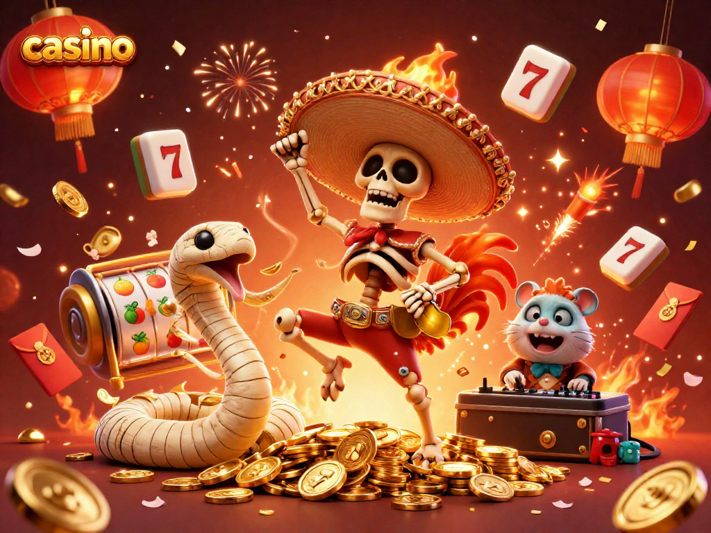 Catch the excitement at the casino with a mariachi rooster and friends celebrating amidst golden coins and festive action.
