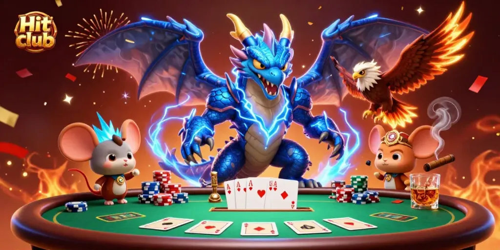 Experience the thrilling Hit club casino atmosphere with dynamic poker characters and vibrant game elements.