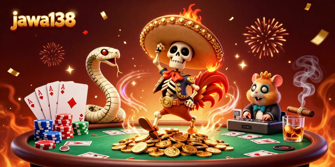 Experience thrilling gameplay at jawa138 with a festive illustration of casino characters celebrating victory.