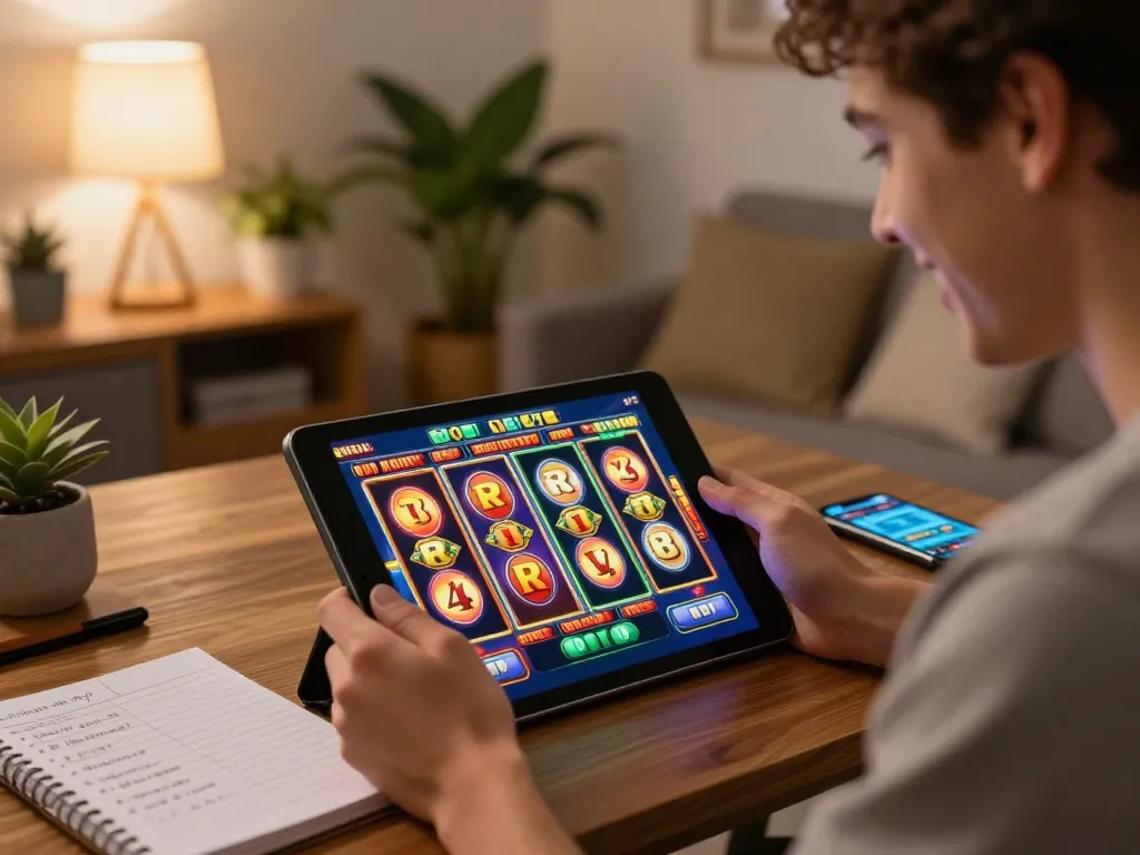 Online player experiencing slot depo 1000 excitement at home, with tablet showing vibrant reels