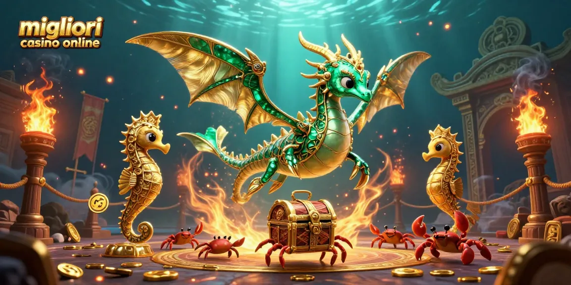 Gioca ai migliori casinò online con un drago marino e tesori in un'illustrazione vibrante.