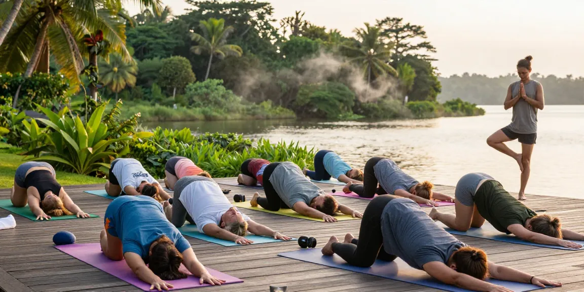 Engaged participants in yoga teacher training Sri Lanka on serene lakeside deck, early morning sun illuminating their practice.
