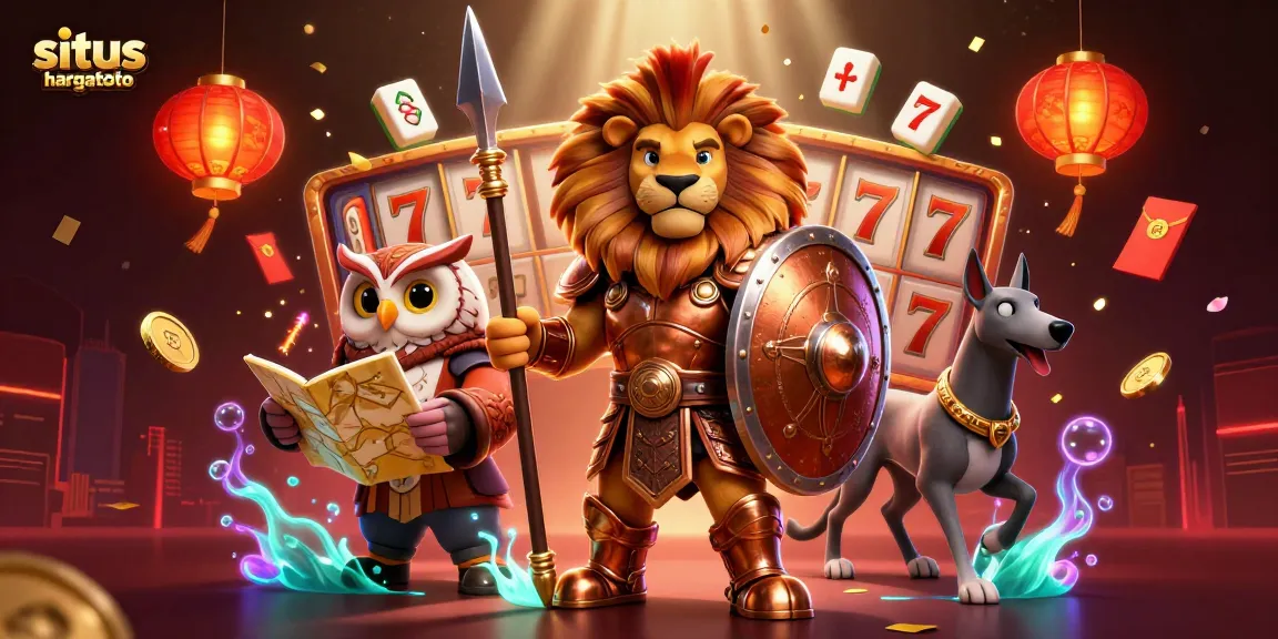 Situs hargatoto features dynamic online gameplay with slot reels, enchanting lights, and exciting characters.