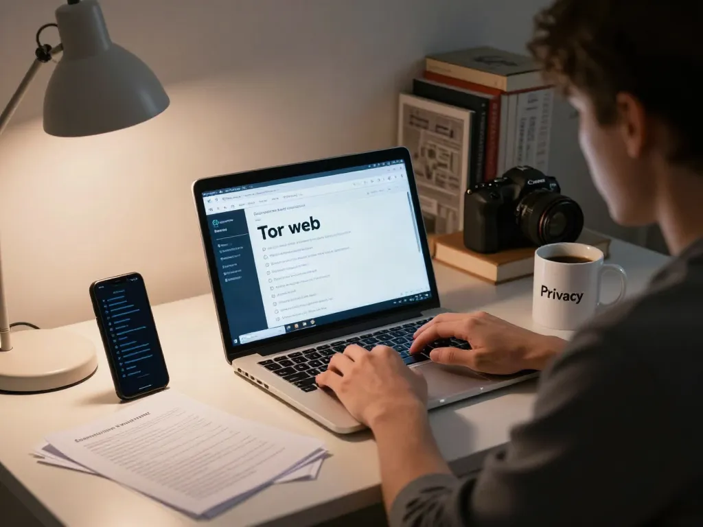 Cozy home office exploration of the hidden wiki dark web with a laptop, notes, and cybersecurity books.