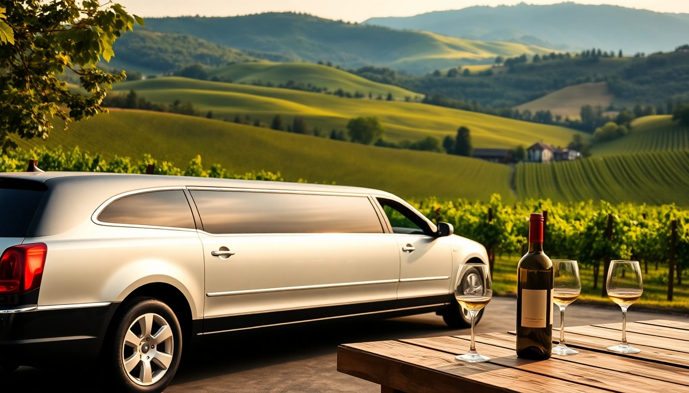 Enjoy the winery limo service with a couple relaxing at a scenic winery in a luxurious limo.