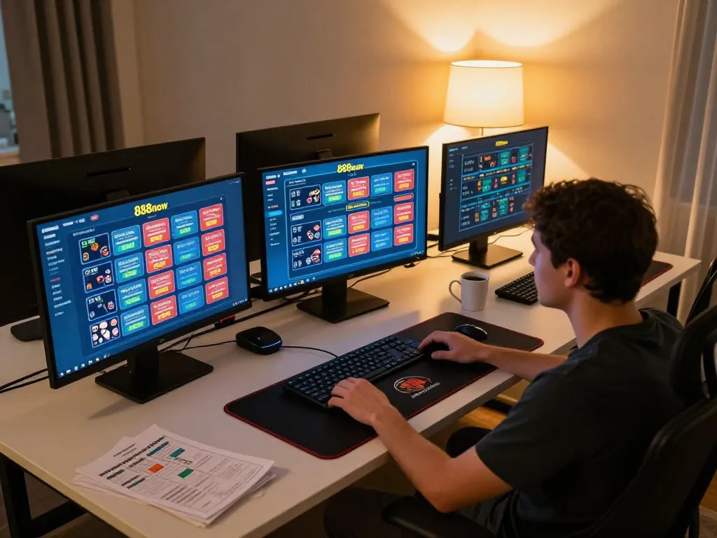 Player enjoying online games at 888now casino from a cozy home setup, showcasing strategic gameplay.
