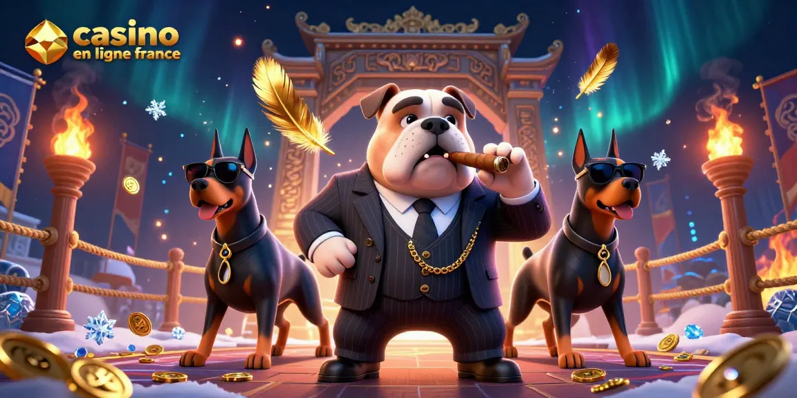 Image dynamique d'un casino en ligne en France avec un bulldog mafieux et deux Dobermans gardes, entourés d'éléments de jeu.