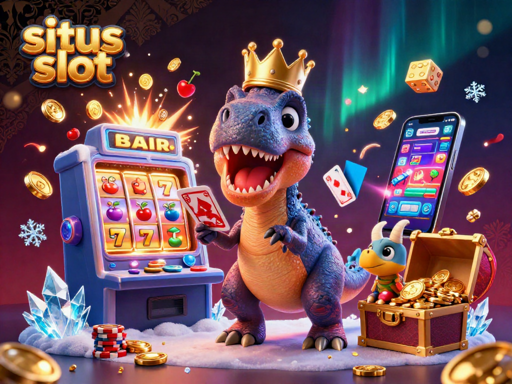 Situs slot characters shuffle cards while enjoying a vibrant casino with jackpot symbols and golden chips.