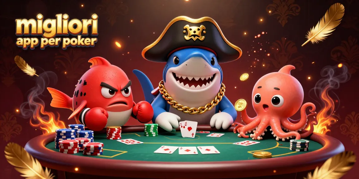 Gioca con le migliori app per poker con un tavolo di carte e fiches circondato da un pesce palla e un polipo.