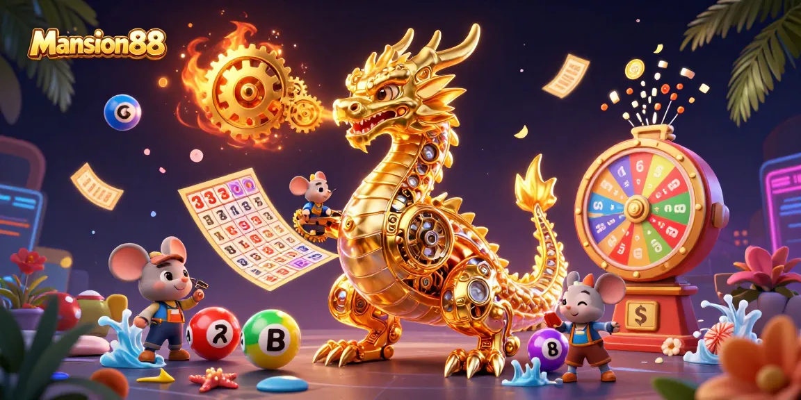 Mansion88's vibrant online casino scene filled with lottery balls, prizes, and a golden dragon.