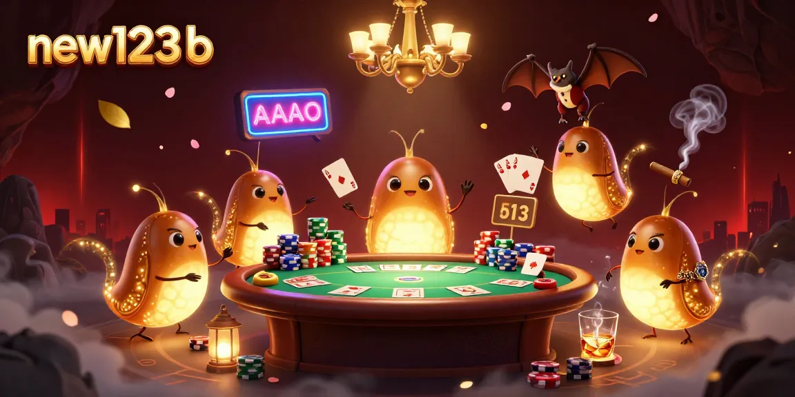 Win big at new123b with a vibrant 3D casino scene featuring glowworms and a bat dealer.