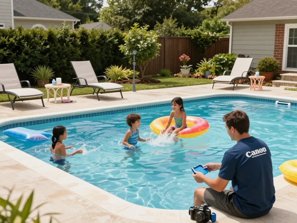 Dolphin Pool Services providing expert maintenance in a vibrant backyard pool setting.