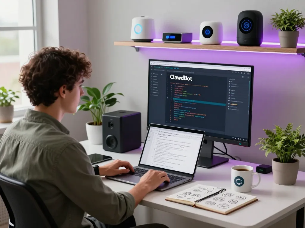 Clawdbot in a modern tech workspace, showcasing AI automation features on a developer's desk with smart devices.