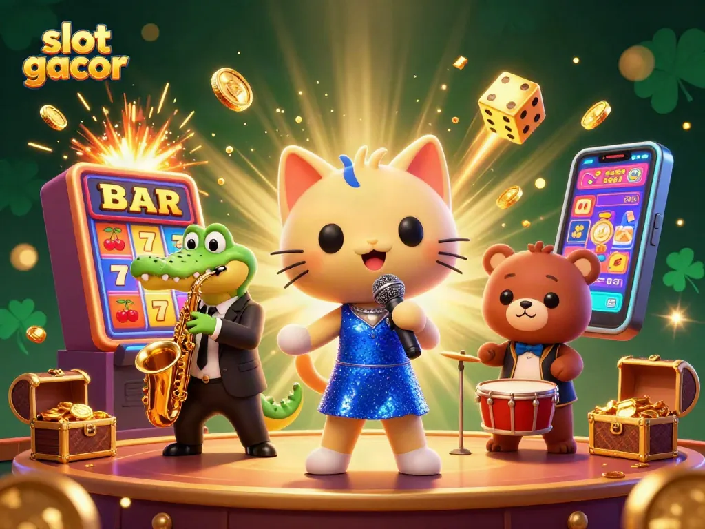 Permainan slot gacor menampilkan kucing penyanyi jazz dengan saxophonis buaya dan beruang, dikelilingi jackpot coin dan simbol keberuntungan.