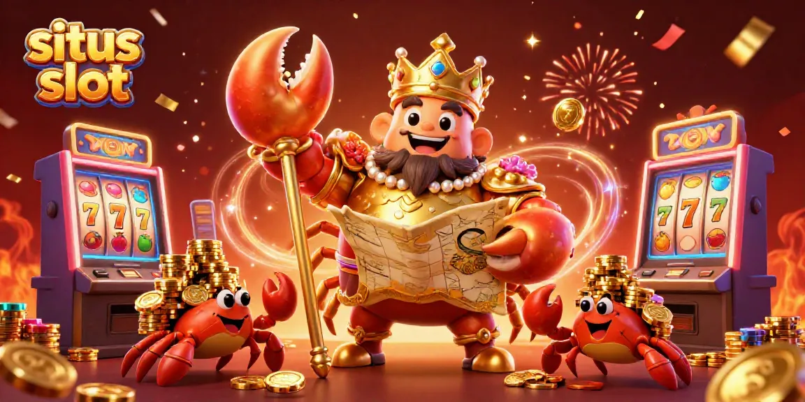Experience situs slot excitement with a lively golden crab emperor and vibrant slot machines.
